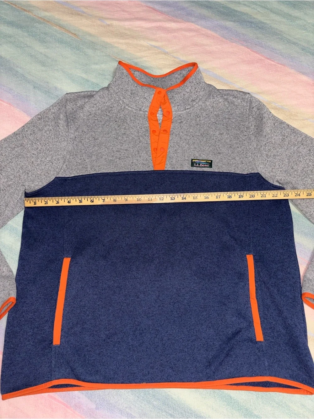 LL Bean Snap Fleece Pullover Sweater men’s L Grey blue Colorblock slightly fit
